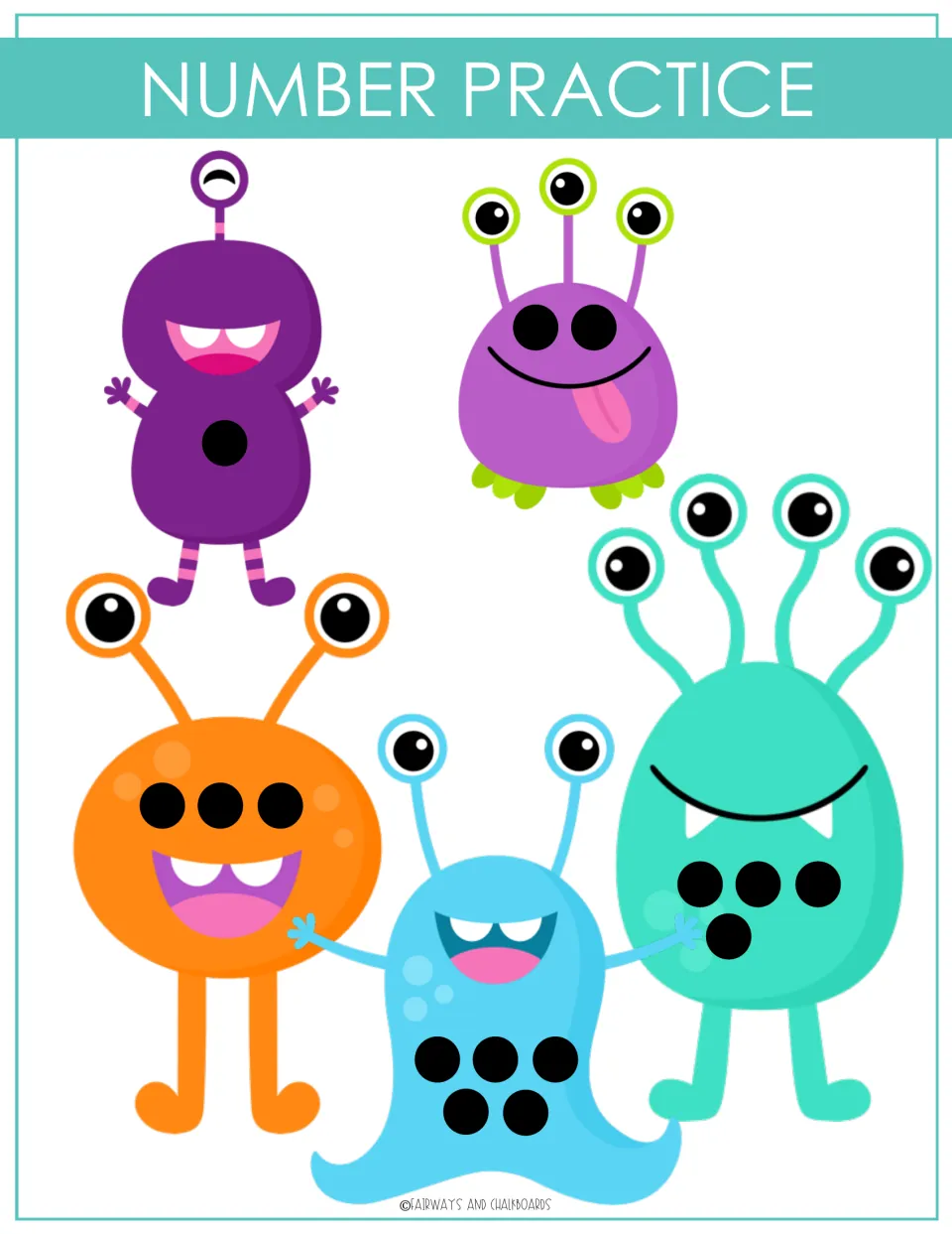 Number practice: children count the 1 to 5 black dots on each monster and match the number card with that many dots