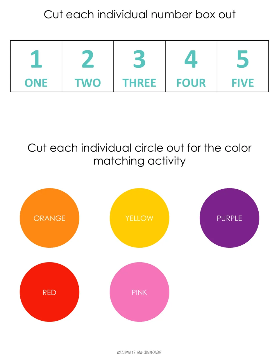 Cut-out pieces: number cards 1 to 5 with number words, and orange, yellow, purple, red and pink color circles to cut out