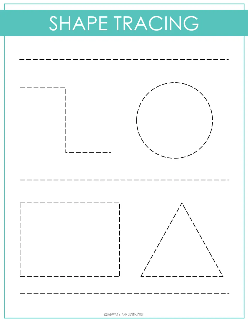 Shape tracing: children trace dashed straight lines, a zigzag path, a circle, a rectangle and a triangle for pre-writing