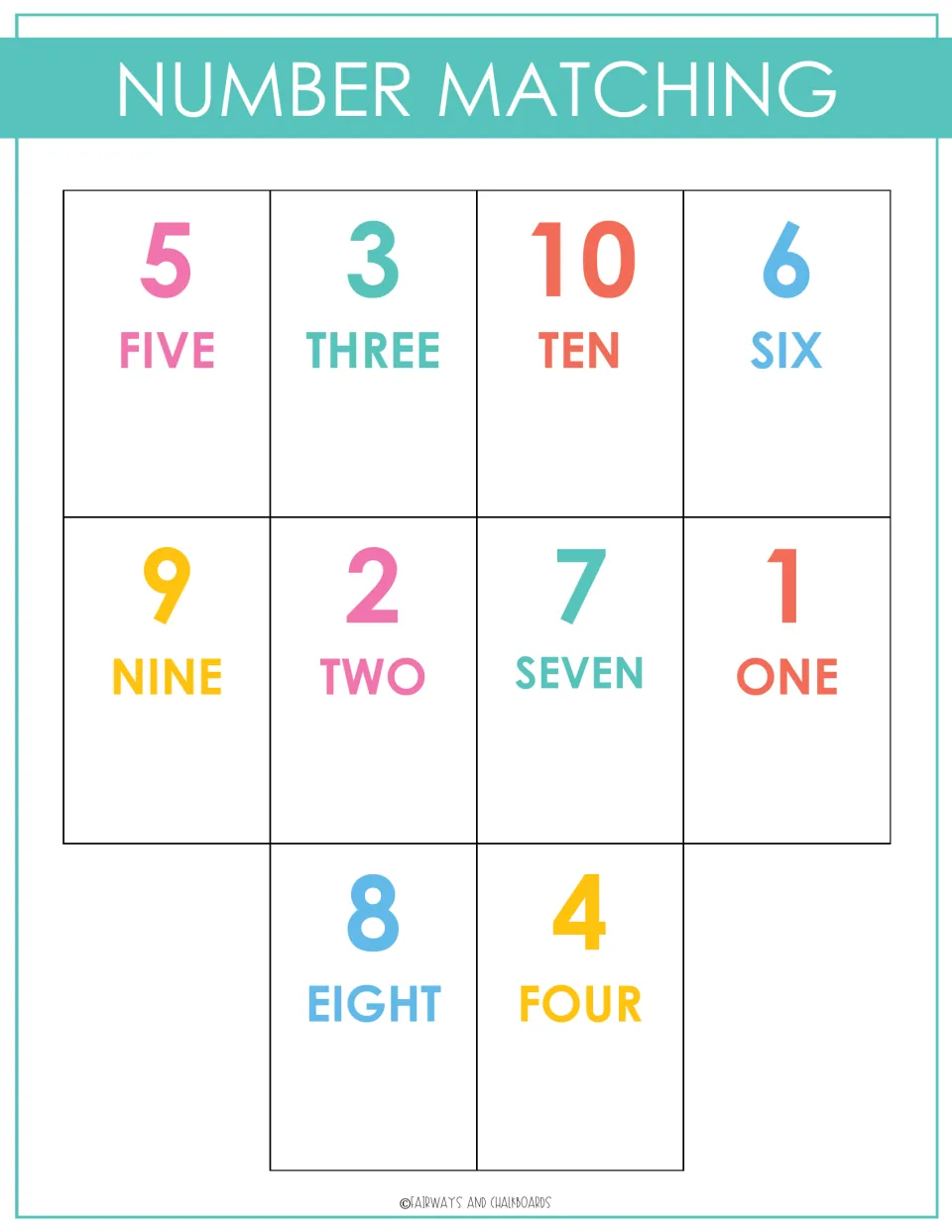 Number matching board: numerals 1 to 10 with their number words in mixed order for children to match numeral cards onto