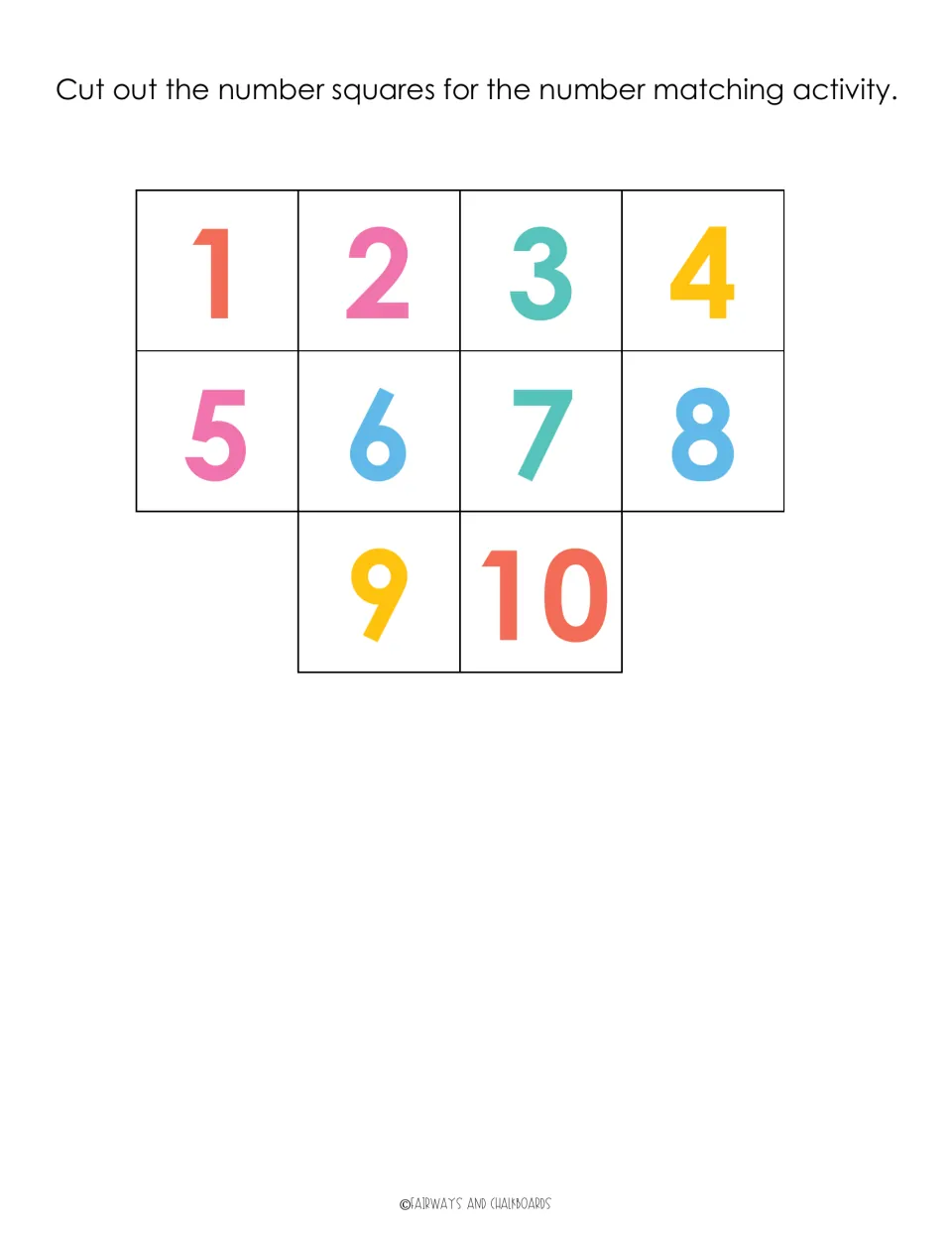 Cut-out pieces: colored numeral squares 1 through 10 to cut out for the number matching board activity