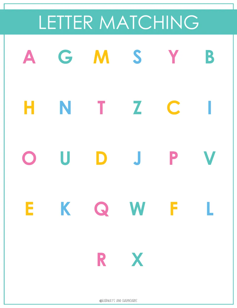 Letter matching board: all 26 capital letters in mixed order for children to match identical capital letter cards onto