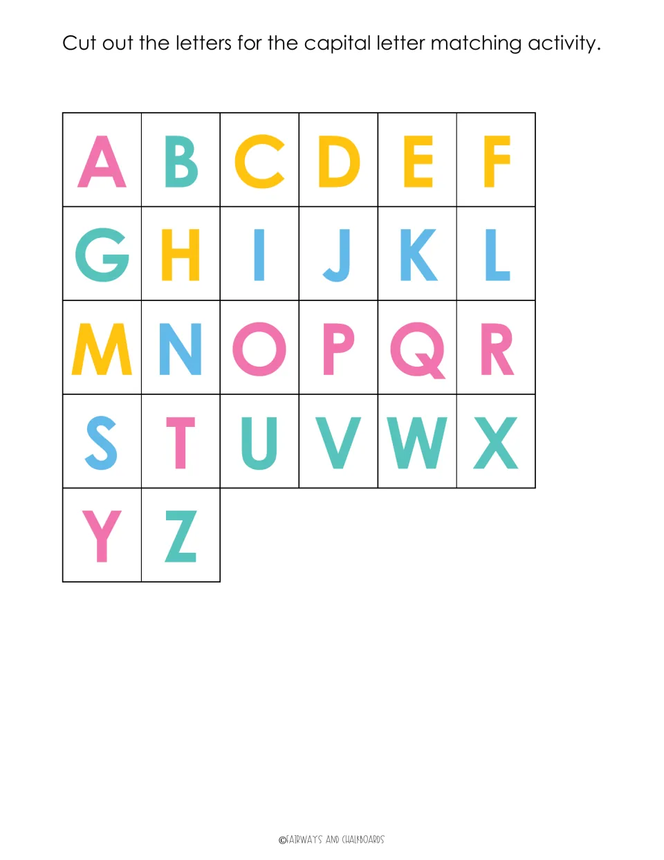 Cut-out pieces: colored capital letter squares A to Z to cut out for the capital letter matching activity