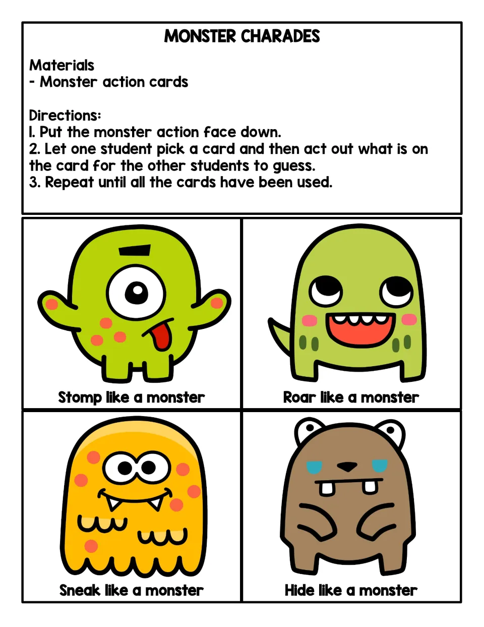 Monster charades rules and 4 action cards: students act out stomp, roar, sneak and hide like a monster for others to guess