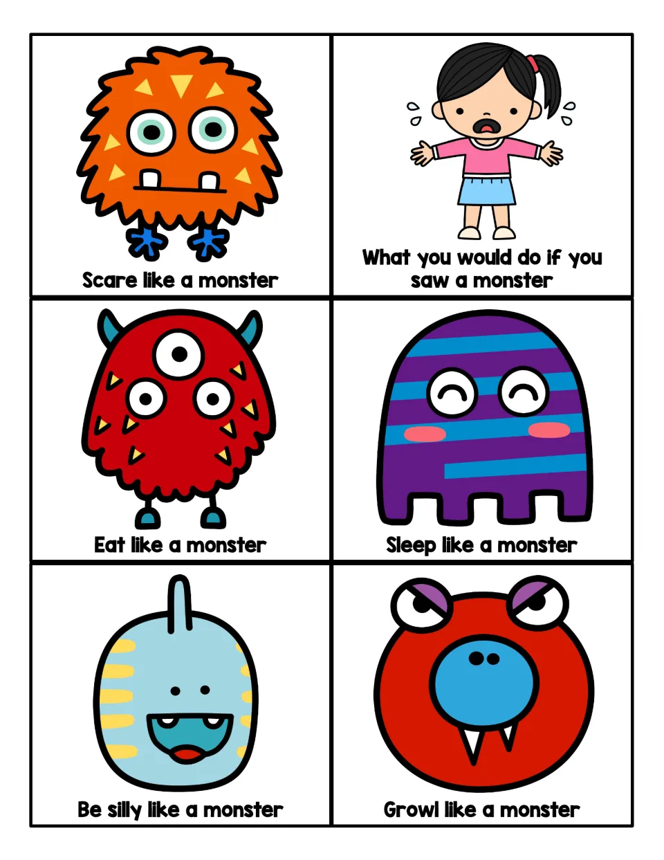Six more monster action cards to act out: scare, eat, sleep, be silly, growl, and what you would do if you saw a monster