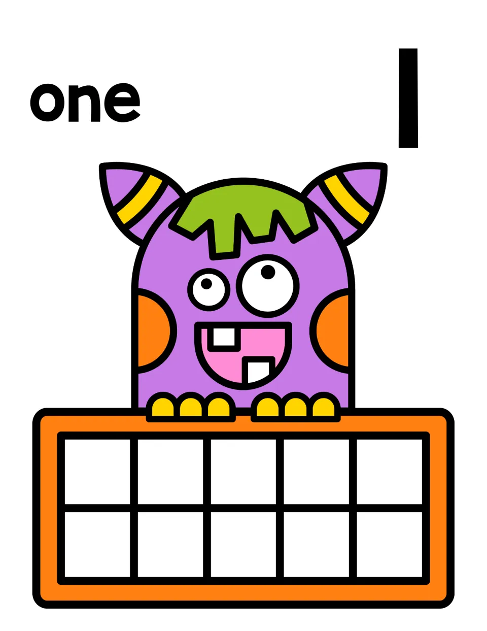 Number 1 counting mat: the word one and numeral 1 above a purple monster holding a ten frame for placing one counter