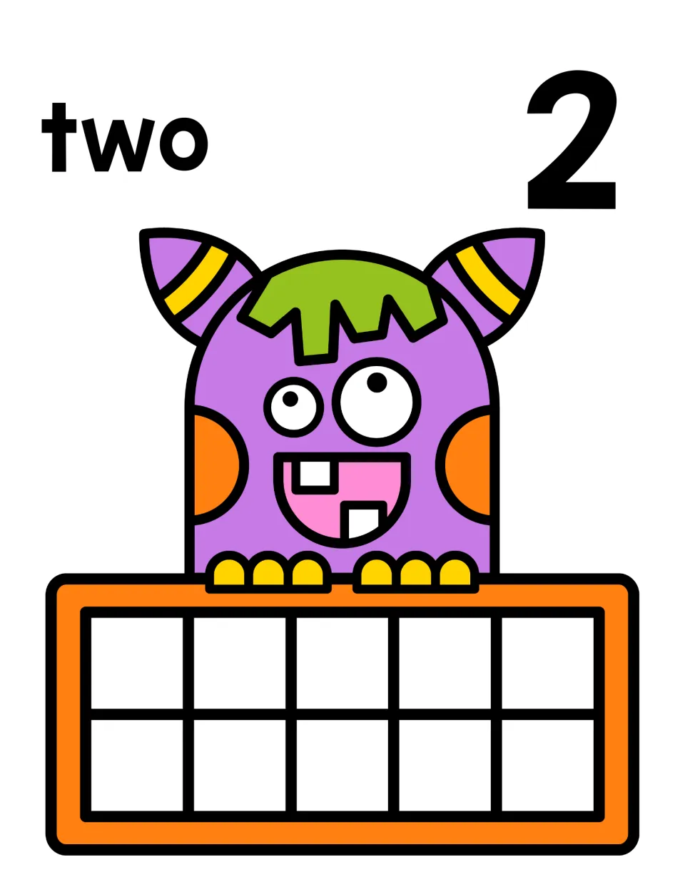 Number 2 counting mat: the word two and numeral 2 over a smiling monster with a ten frame where students fill two spaces