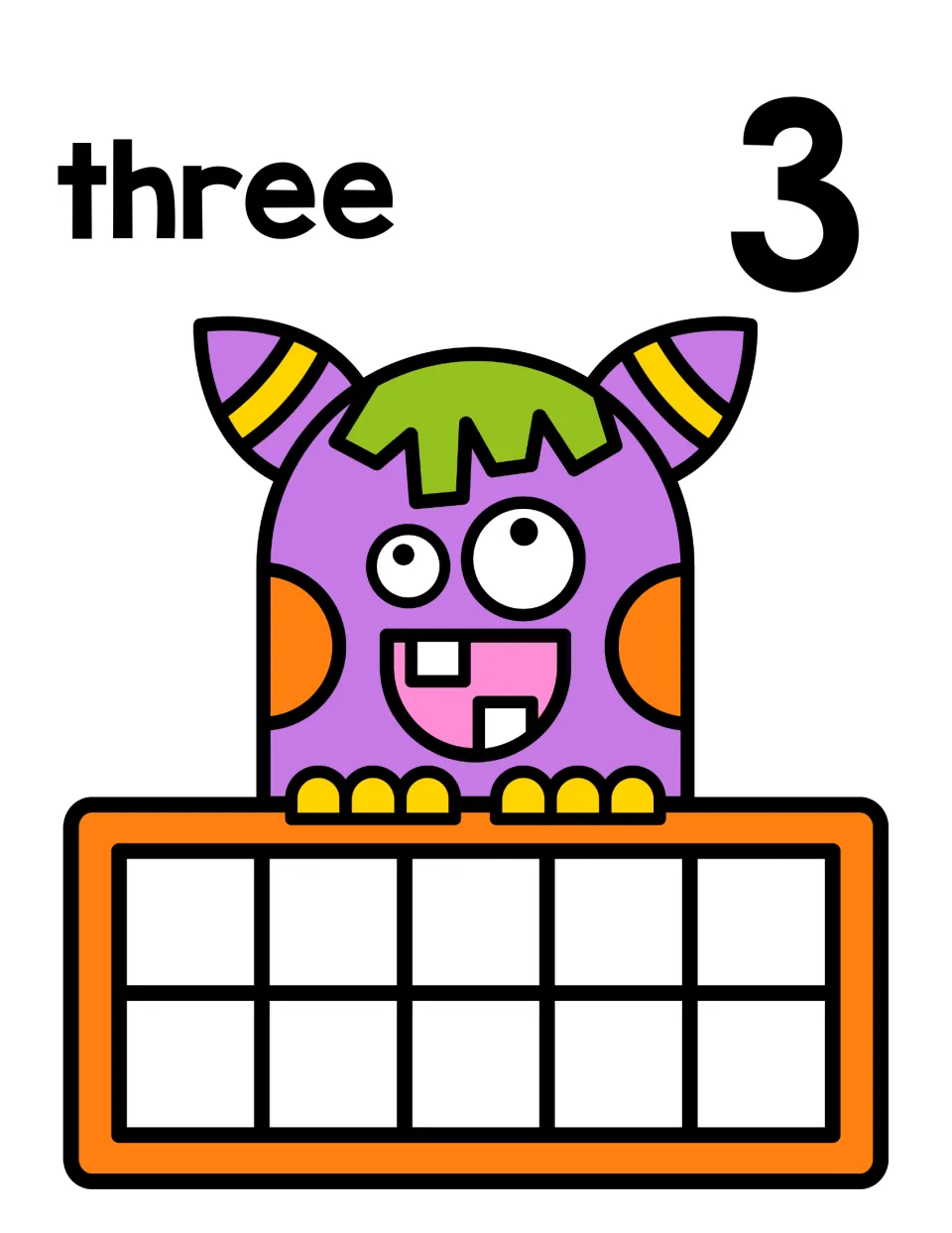 Number 3 counting mat: students count three counters onto the monster's ten frame, matching the word three and numeral 3