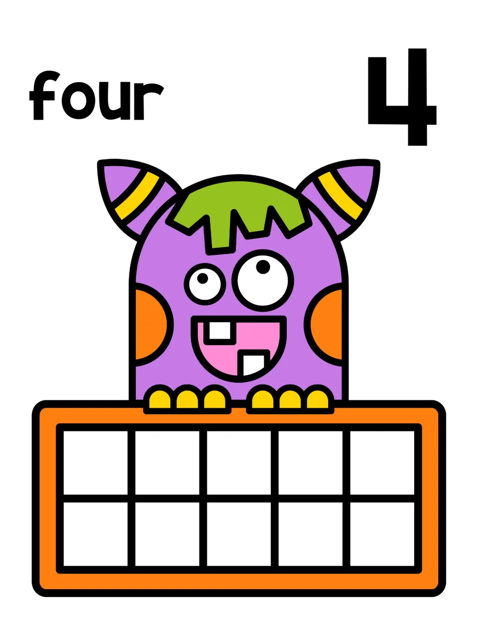 Number 4 counting mat showing the word four and numeral 4, with a purple monster's ten frame for counting out four objects