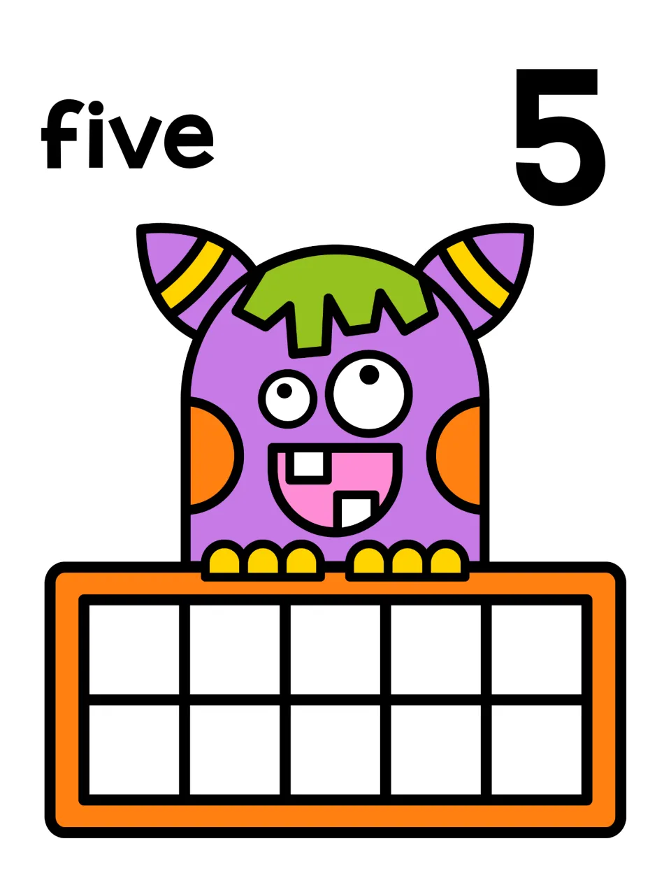 Number 5 counting mat: the word five and numeral 5 with a monster ten frame; students fill the top row with five counters