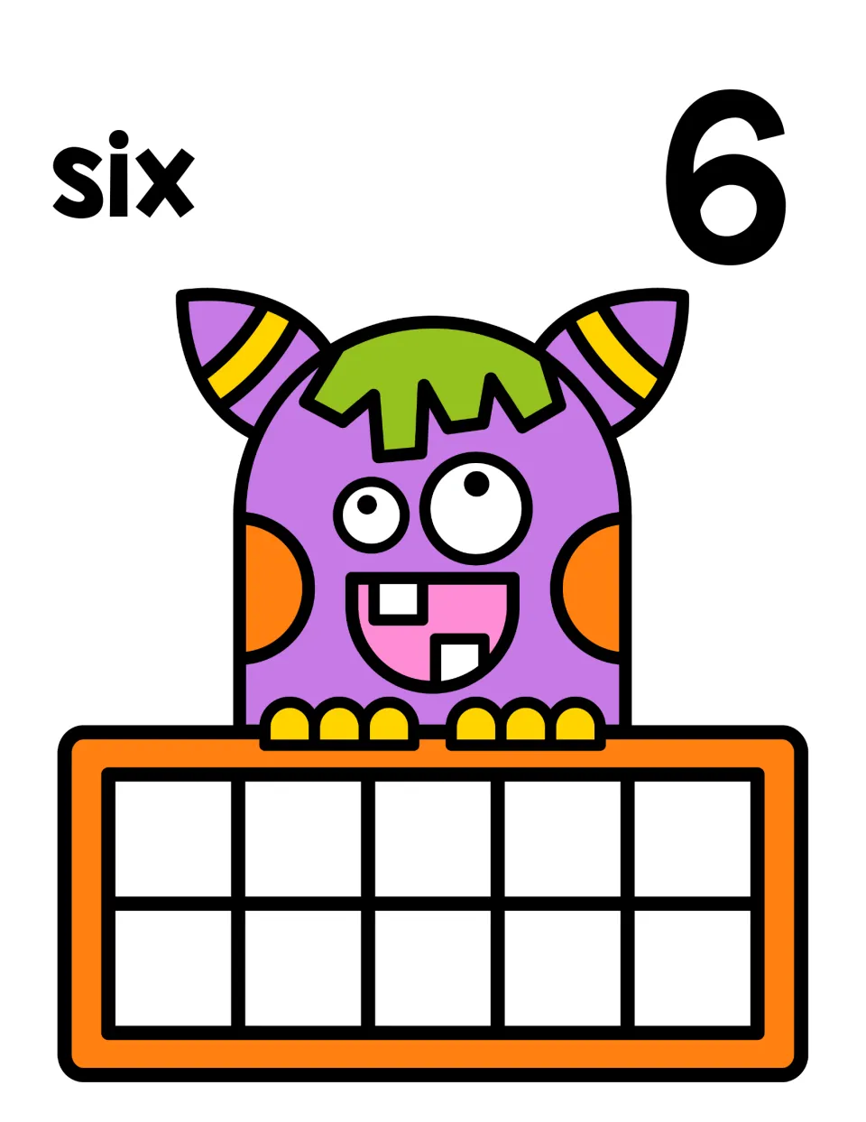 Number 6 counting mat: word six and numeral 6 over a monster ten frame, where students show six as five and one more