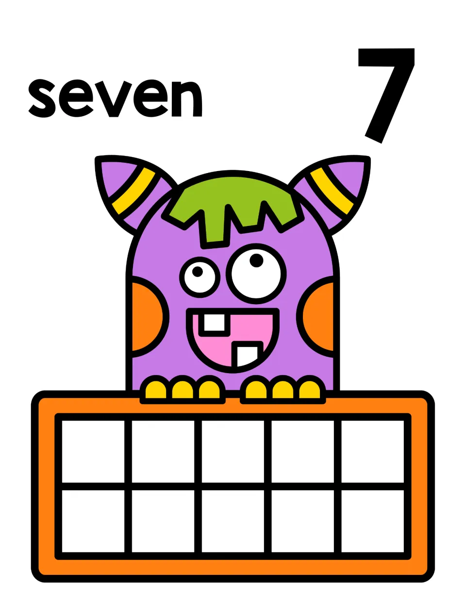 Number 7 counting mat with the word seven and numeral 7; students place seven counters on the ten frame the monster holds