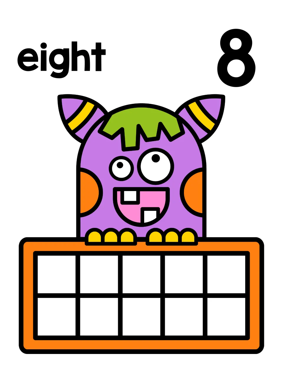 Number 8 counting mat: eight written as a word and numeral above a goofy monster with a ten frame for counting eight items