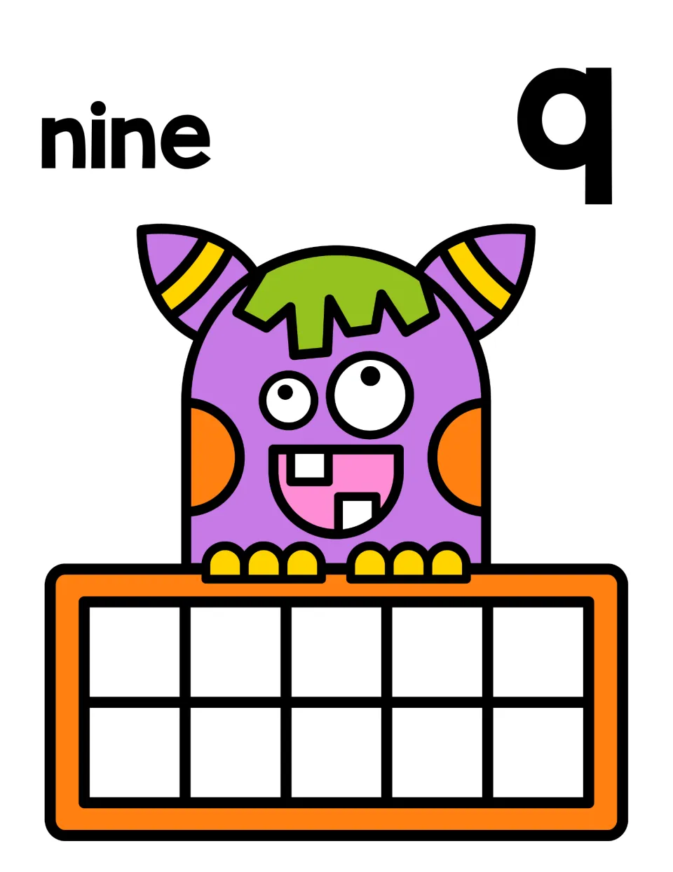 Number 9 counting mat: the word nine and numeral 9 above a monster ten frame; nine counters leave one empty space