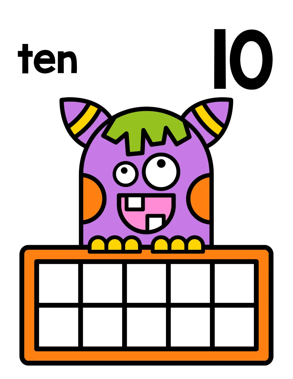 Number 10 counting mat: the word ten and numeral 10 with a monster ten frame that students fill with ten counters