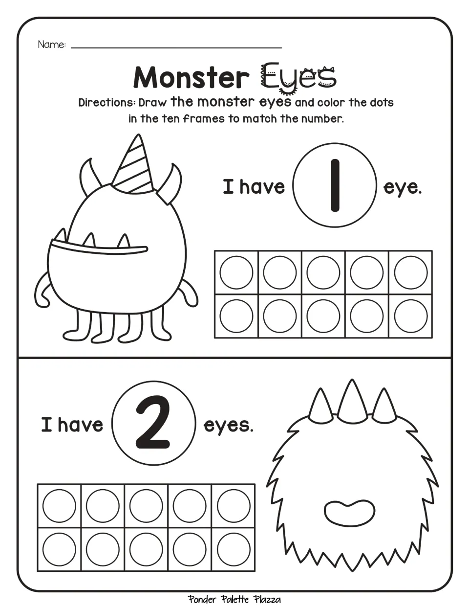 Number practice for 1 and 2: draw matching numbers of monster eyes and color dots in the ten frames.