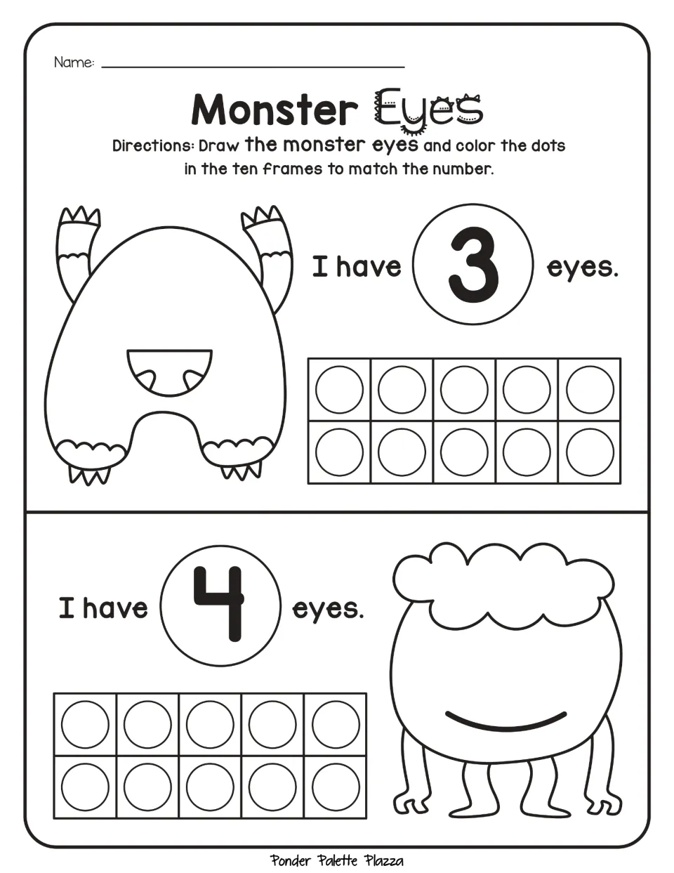 Number practice for 3 and 4: draw matching numbers of monster eyes and color dots in the ten frames.