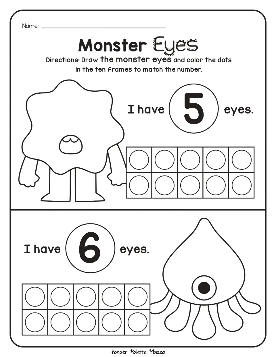 Number practice for 5 and 6: draw matching numbers of monster eyes and color dots in the ten frames.