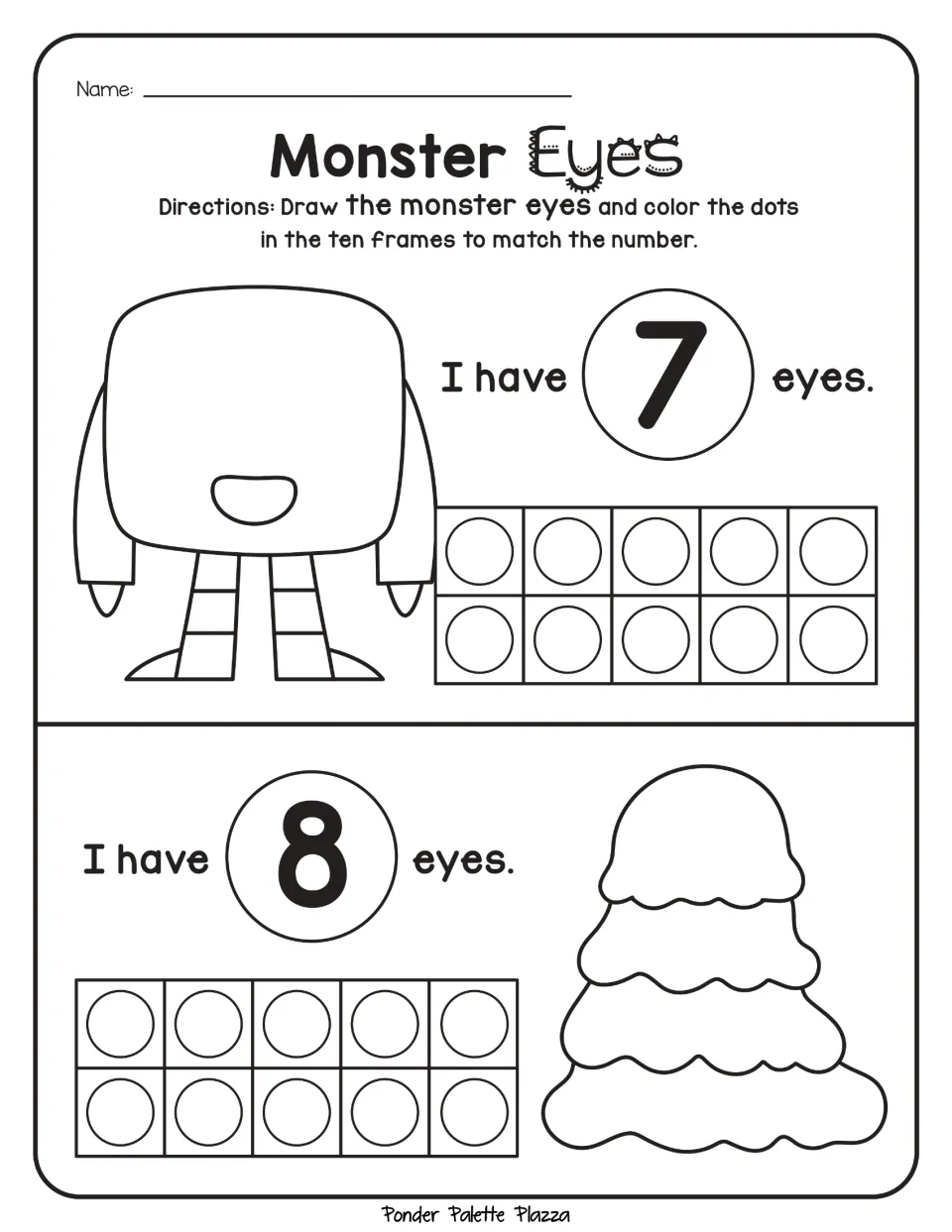 Number practice for 7 and 8: draw matching numbers of monster eyes and color dots in the ten frames.