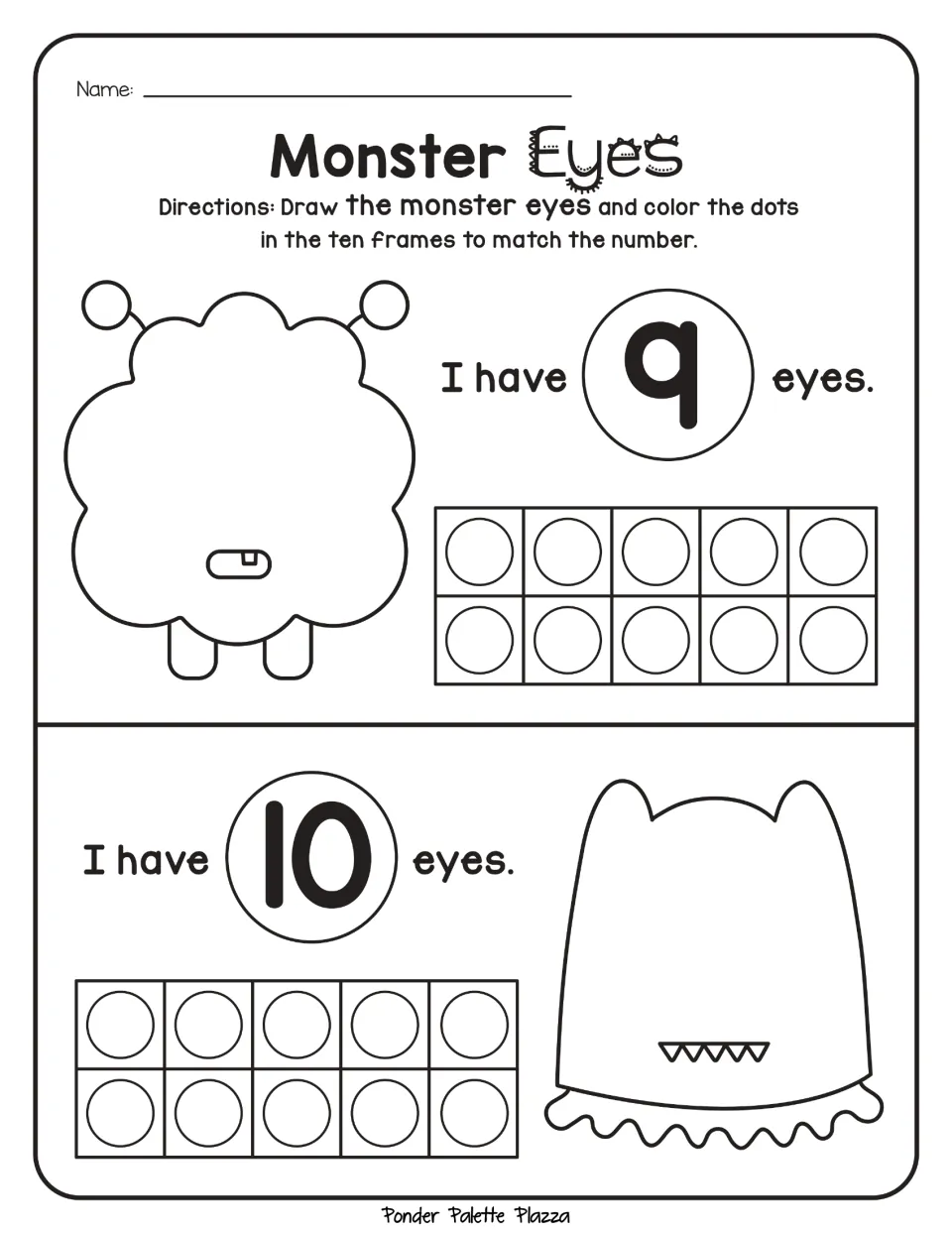 Number practice for 9 and 10: draw matching numbers of monster eyes and color dots in the ten frames.