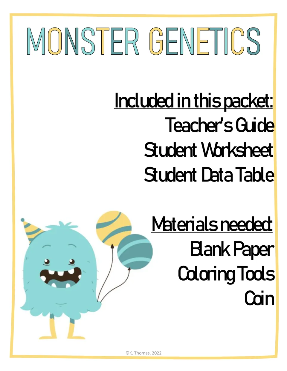 Monster Genetics cover listing a teacher's guide, student worksheet and data table, plus paper, coloring tools and a coin