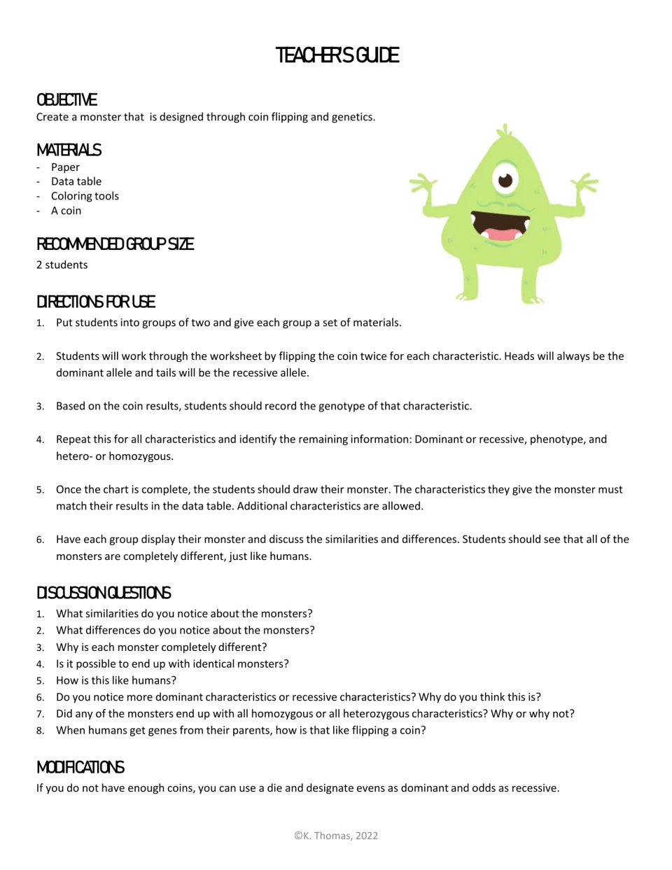 Teacher's guide: pairs flip a coin twice per trait to set genotypes, draw their monster and discuss 8 questions