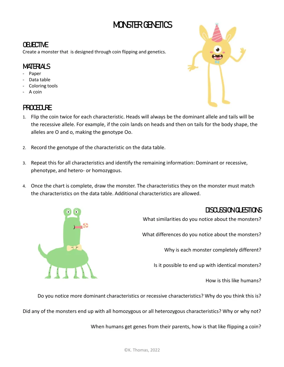 Student procedure for coin-flip alleles: heads is dominant, tails recessive, e.g. Oo for body shape, plus discussion prompts