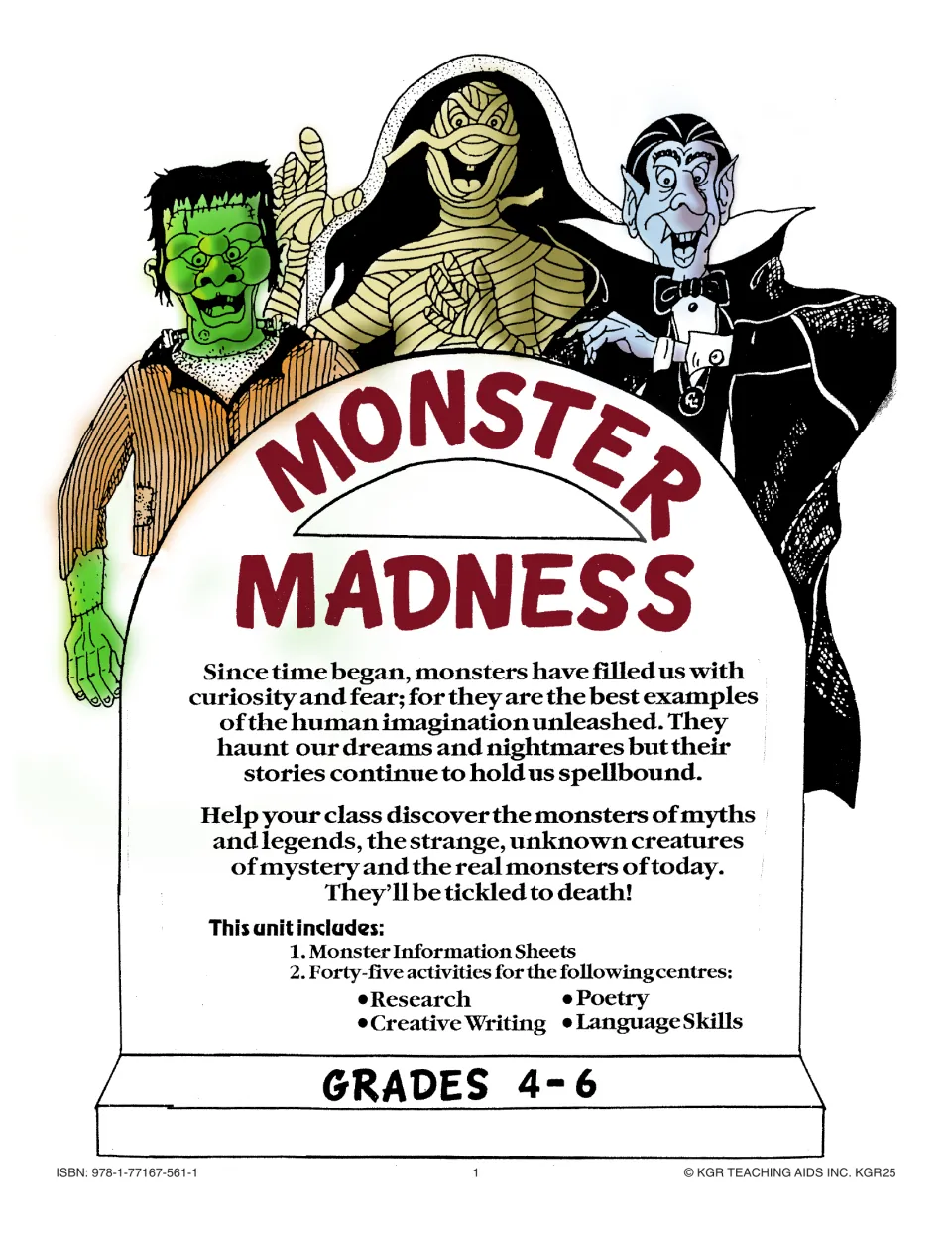 Monster Madness cover introducing information sheets and 45 activities for research, writing, poetry, and language