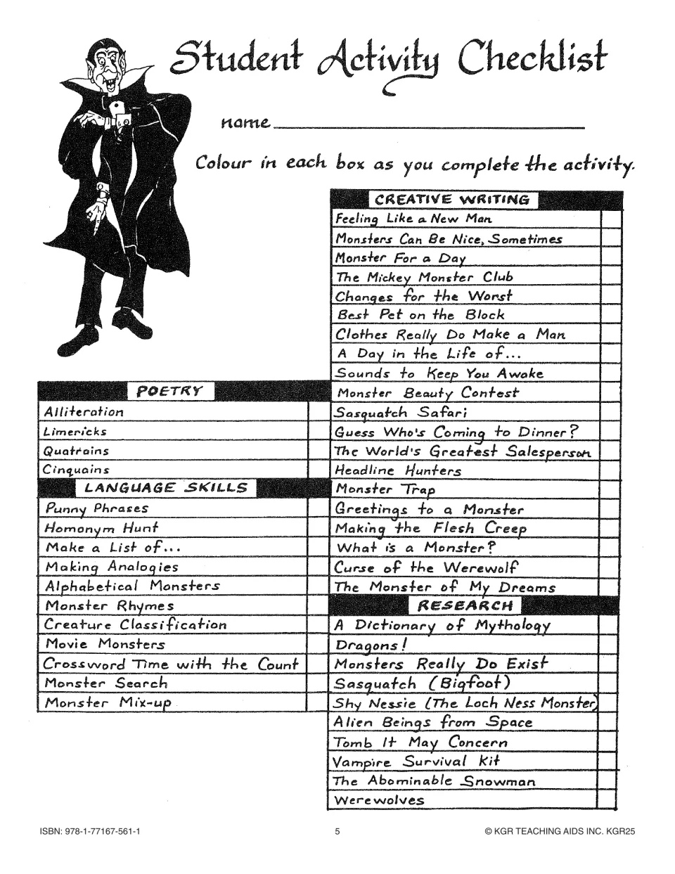 Student checklist tracks 45 monster activities: 20 creative writing, 4 poetry, 11 language, and 10 research
