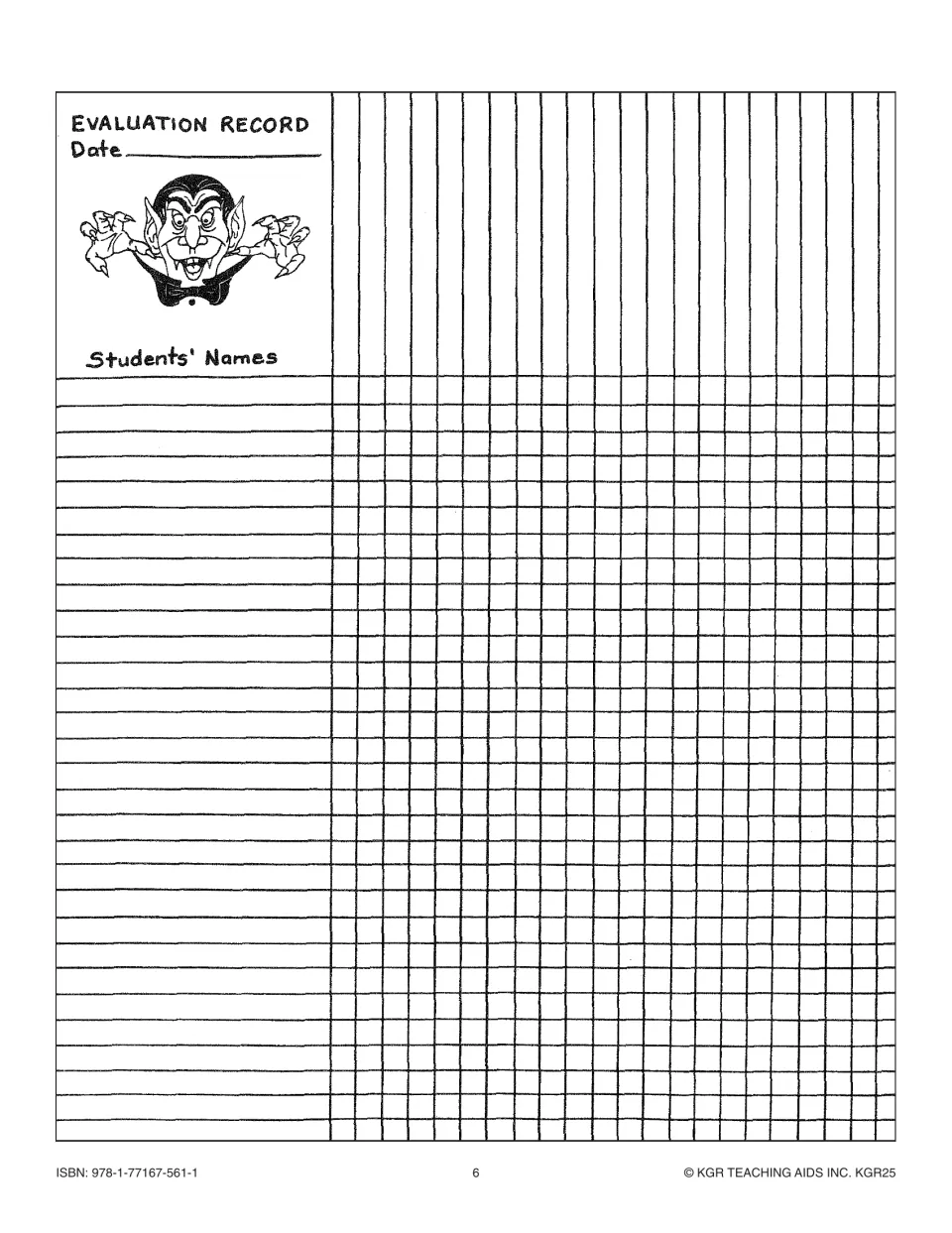 Teacher evaluation record for the monster unit provides space for a date, student names, and activity ratings