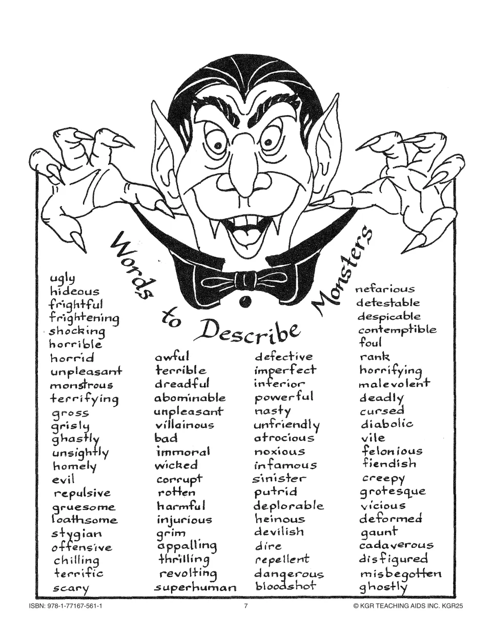 Monster description vocabulary sheet lists words such as hideous, monstrous, sinister, grotesque, and ghostly