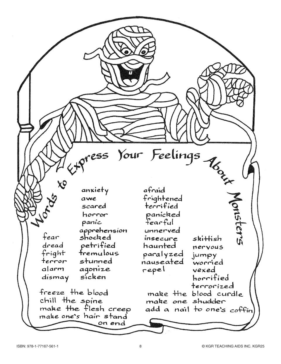 Monster feelings vocabulary sheet includes fear, awe, apprehension, petrified, and the phrase chill the spine