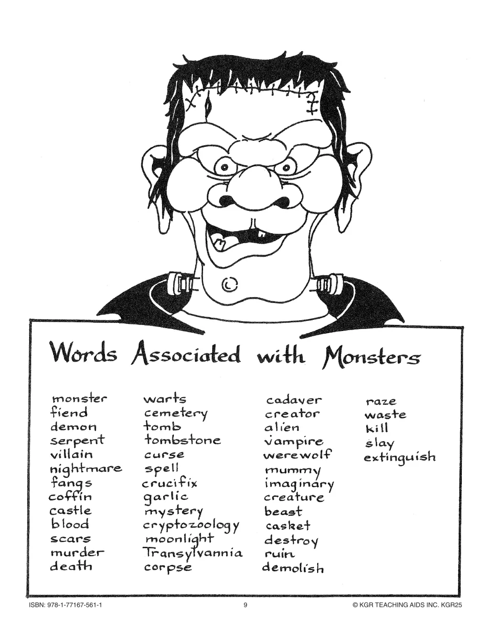 Monster vocabulary reference lists associated words including fangs, coffin, curse, cryptozoology, and vampire