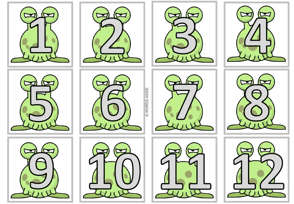 Number cards for the multiplication-by-1 set, showing 1 through 12 in gray over full-body monsters