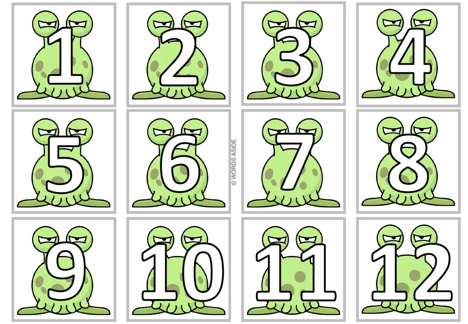 Number cards for the multiplication-by-1 set, showing 1 through 12 in white over full-body monsters