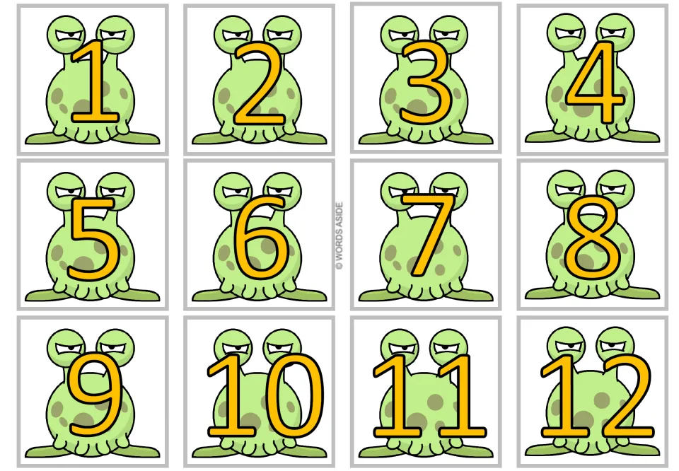 Number cards for the multiplication-by-1 set, showing 1 through 12 in yellow over full-body monsters