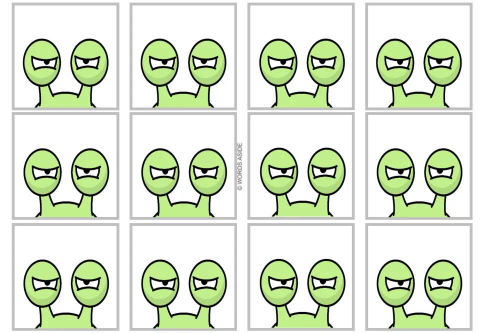 Twelve blank cards in the multiplication-by-1 flash card resource, each showing a monster's head