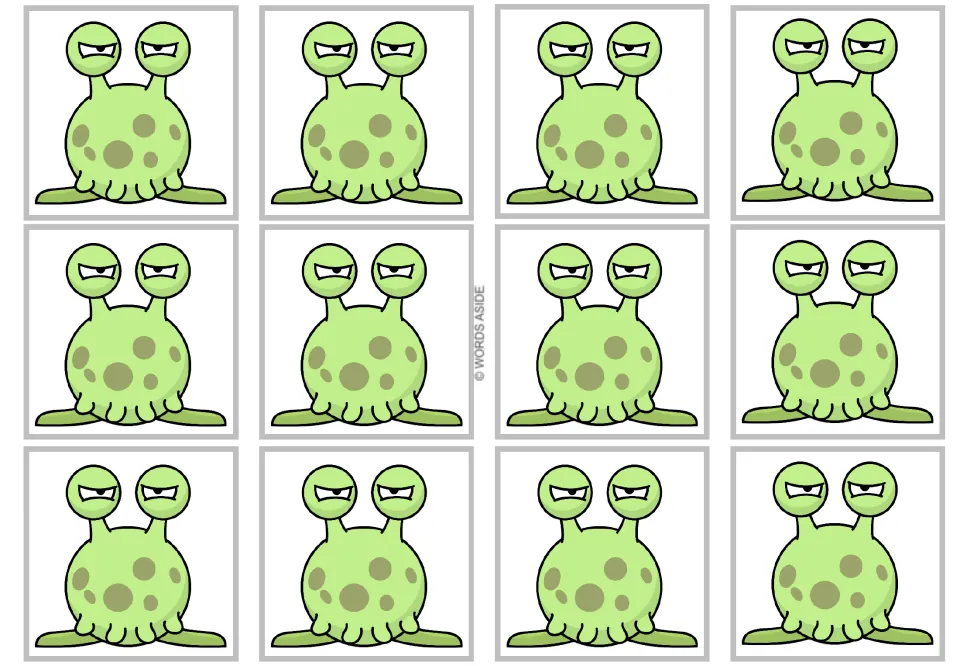 Twelve blank cards in the multiplication-by-1 flash card resource, each showing a full-body monster
