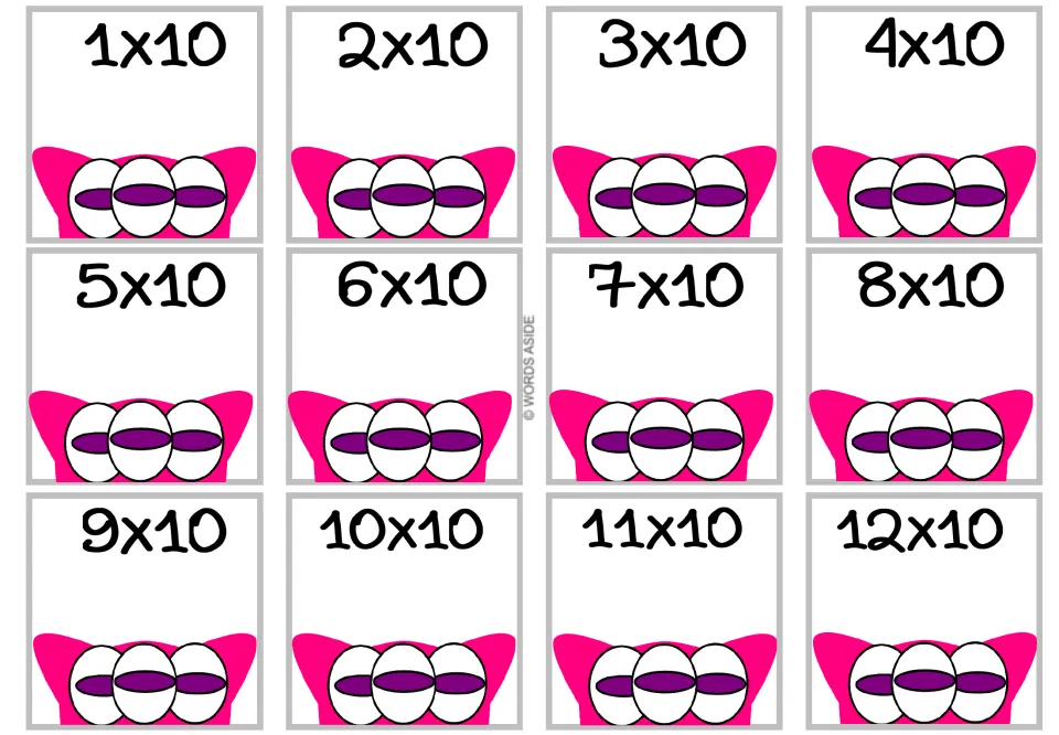 Multiplication-by-10 fact cards: 12 prompts from 1 × 10 through 12 × 10, matching the set's answer cards.