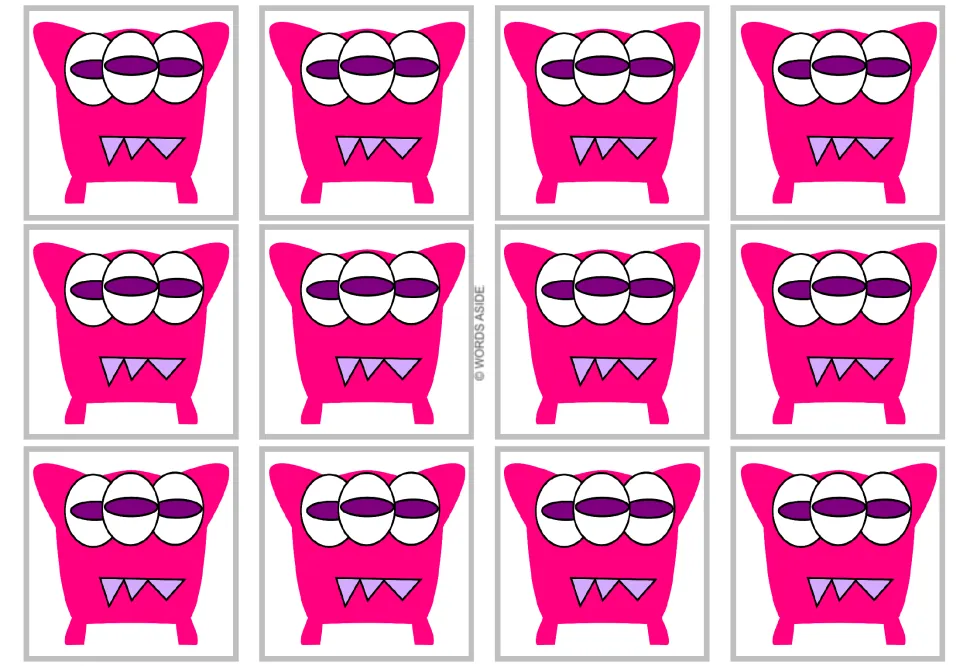 Blank multiplication card backs: 12 monster cards using the answer-card design, without printed numbers.