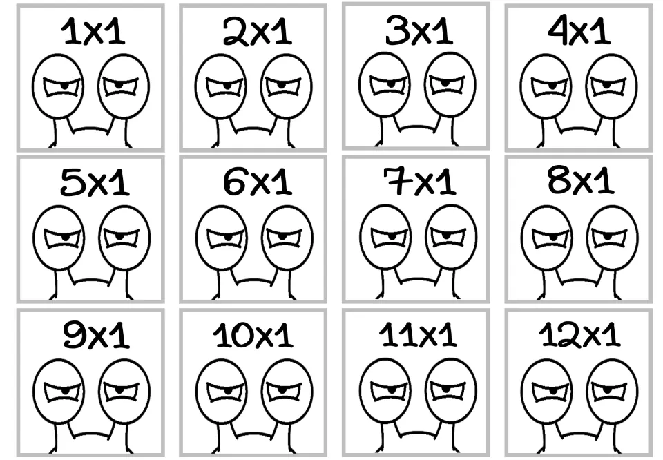 Multiplication craft cards showing all 12 facts from 1 × 1 through 12 × 1 for multiplication practice.