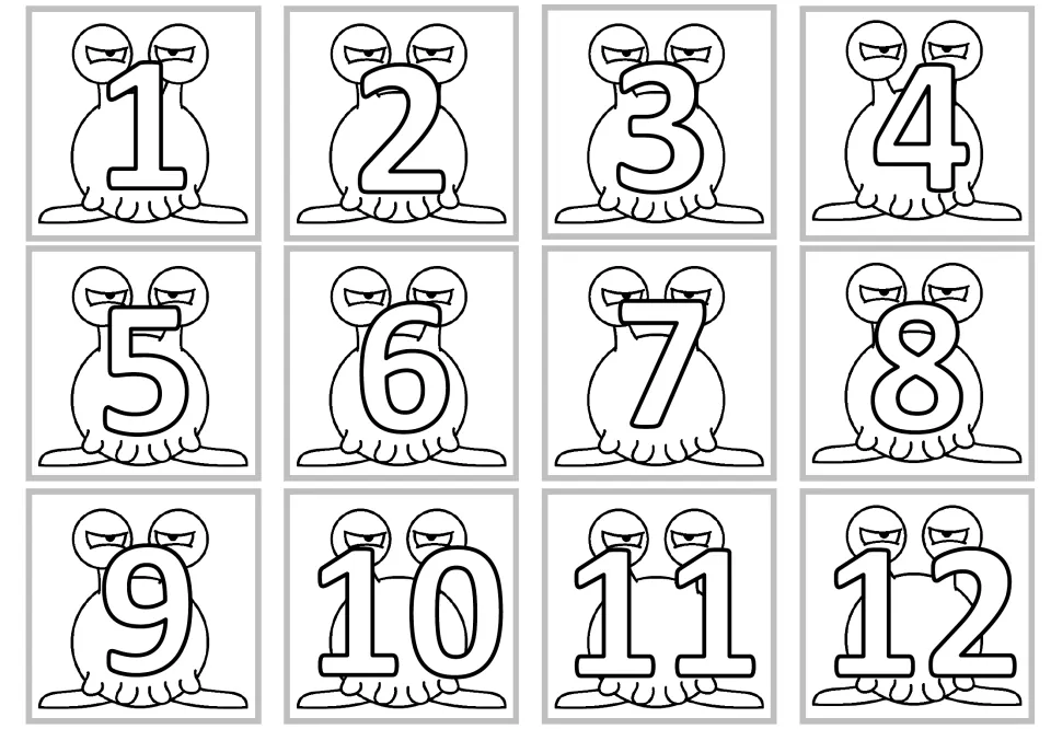 Monster multiplication number cards 1–12, each showing a large outlined numeral over a full monster.
