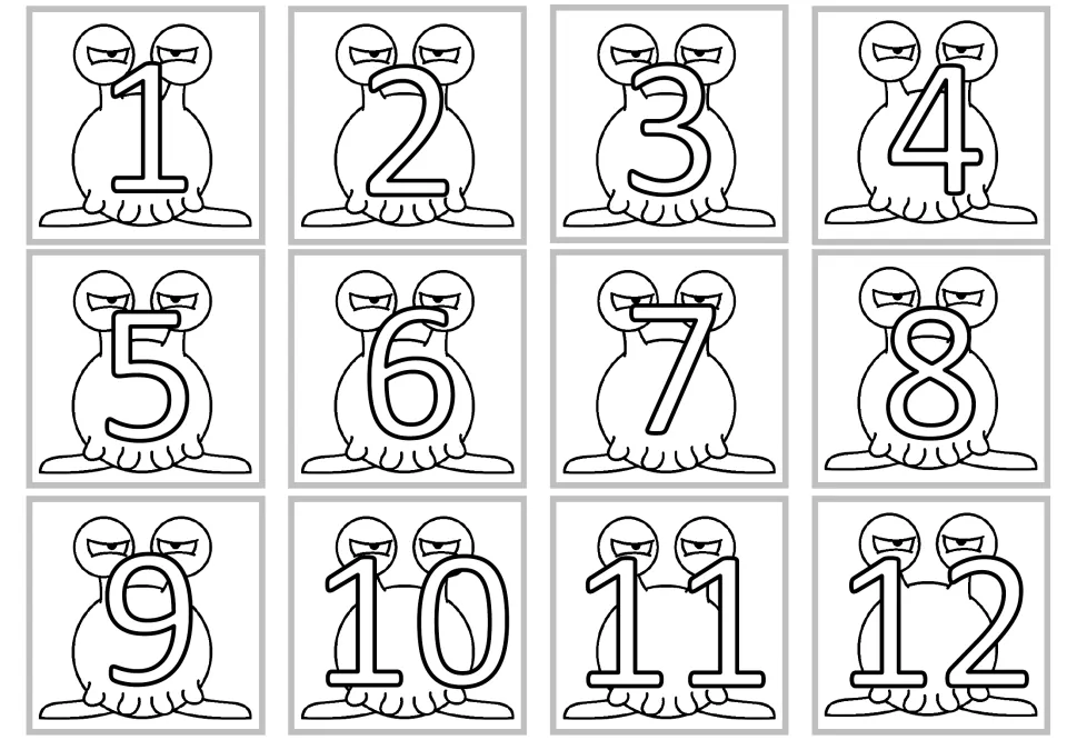 Second set of monster multiplication number cards 1–12, using thinner outlined numerals for coloring.
