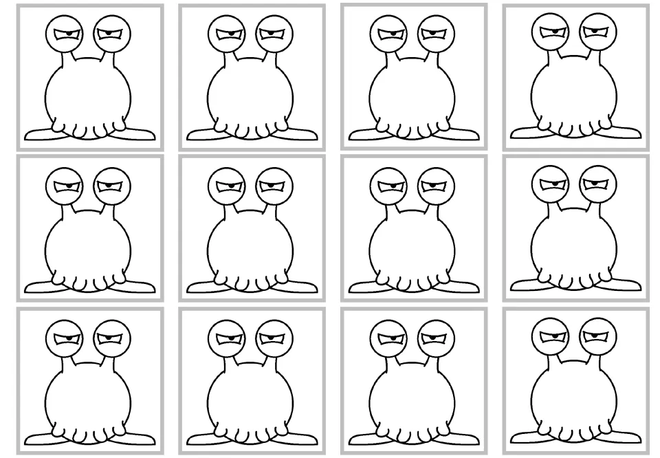 Blank multiplication craft cards: 12 full monsters without numbers, ready for coloring and customization.