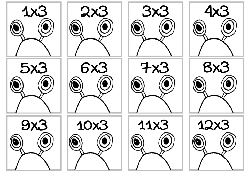 Multiplication craft cards with 12 facts from 1 × 3 through 12 × 3, paired with products on the next sheets