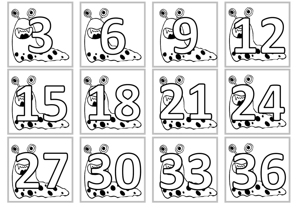 Twelve multiplication product cards showing multiples of 3 from 3 to 36 in thick outlined numerals