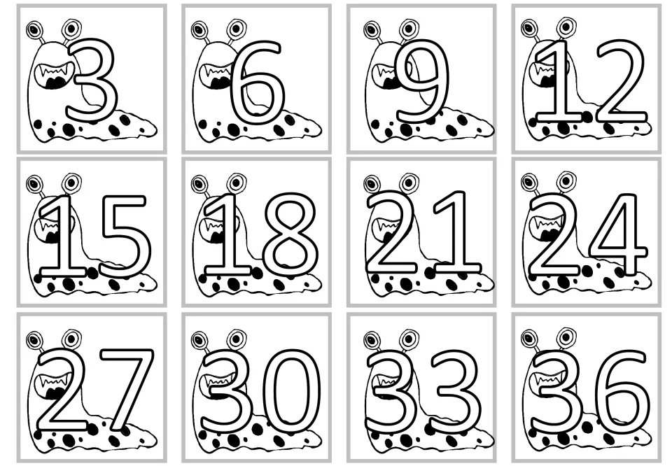 Alternate multiplication product cards showing multiples of 3 from 3 to 36 in thin outlined numerals