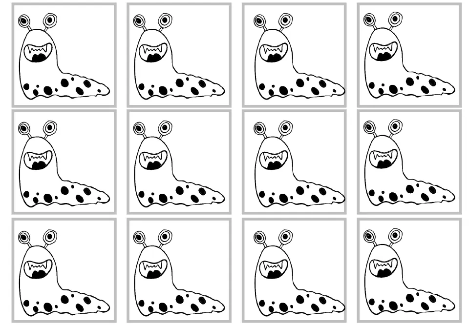 Twelve blank product-card templates for the multiplication craft set, each showing a full monster