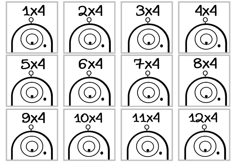 Multiplication craft cards showing all 12 facts from 1 x 4 through 12 x 4, ready for coloring and practice