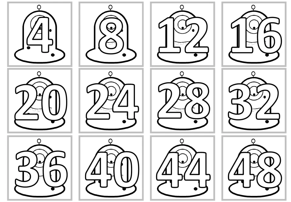 Product cards for multiplication by 4, showing 4 through 48 in increments of 4 with thick outlined numerals